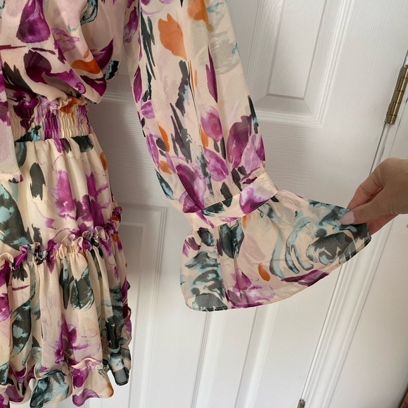 Misa- Multicolored Large Floral Longsleeve Mini Ruffle Dress with Neck Tie - Picture 7 of 10